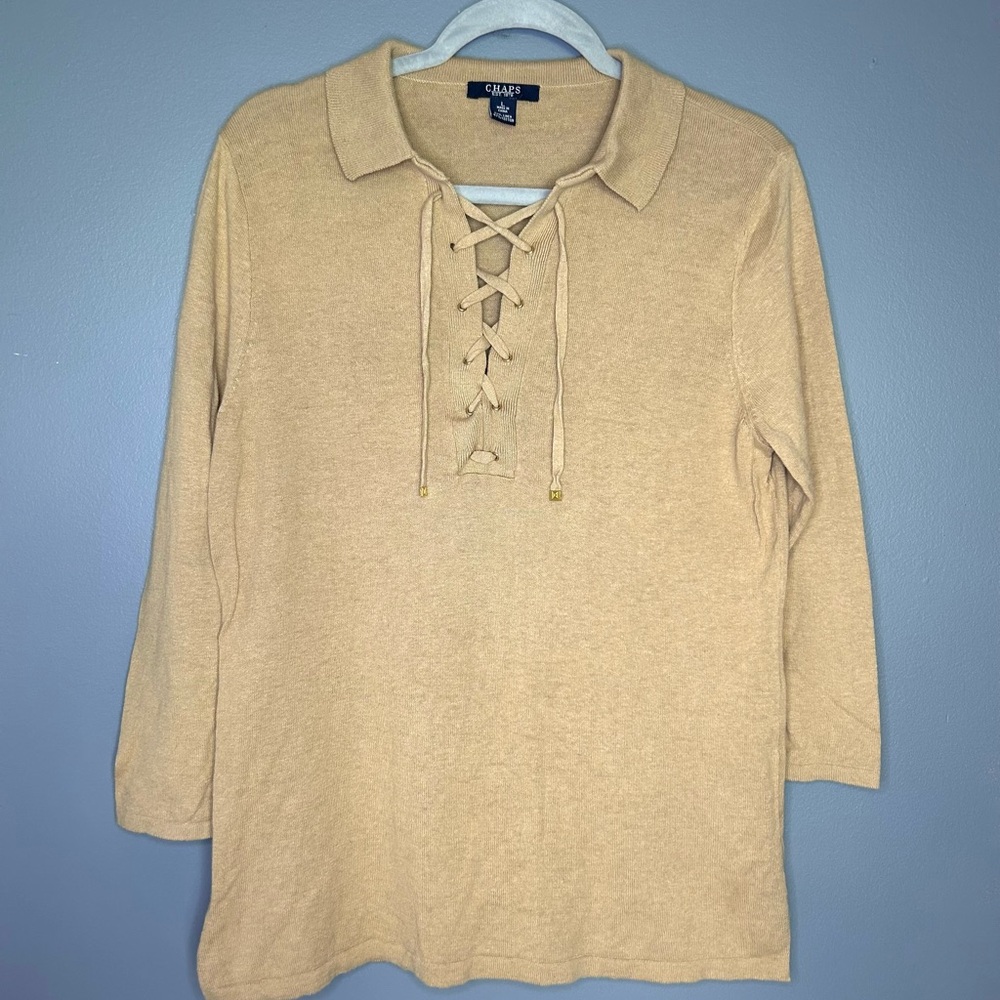 Chaps Tan Linen Blend Lace-Up Pullover Shirt Beige Top Lightweight Summer Basics